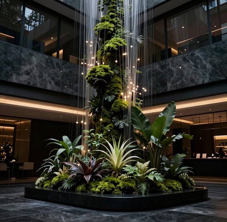 Low-key dramatic photo of a luxury building lobby in Bogotá, showcasing a permanent botanical installation with glowing fiber optics integrated into the architecture, dark charcoal tones, cinematic lighting, 35mm lens.