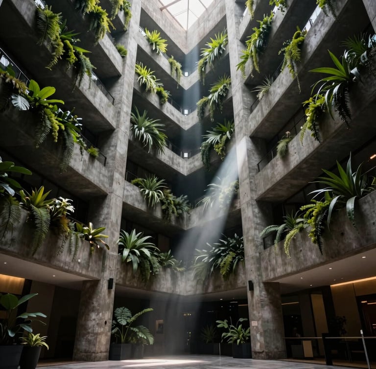 Dramatic environmental wide shot of a multi-story hotel atrium in Santiago, featuring massive concrete pillars integrated with lush vertical biophilic installations and sharp white directional light beams cutting through soft mist, cinematic architectural photography, 35mm anamorphic lens.