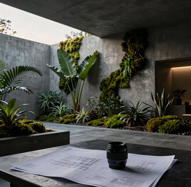 Cinematic architectural photography, dramatic low-key lighting, a minimalist concrete design studio with botanical specimens and architectural blueprints on a dark table, soft natural twilight, 35mm anamorphic lens.