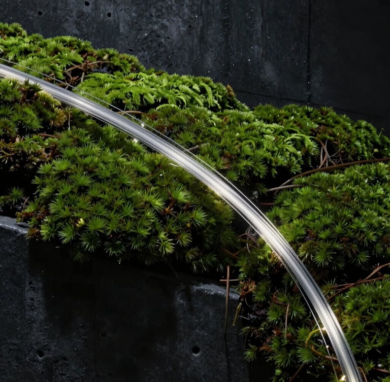 Macro cinematic shot of deep green Chilean native mosses intertwined with thin, glowing white fiber optic cables, dark charcoal concrete background, low-key dramatic lighting.