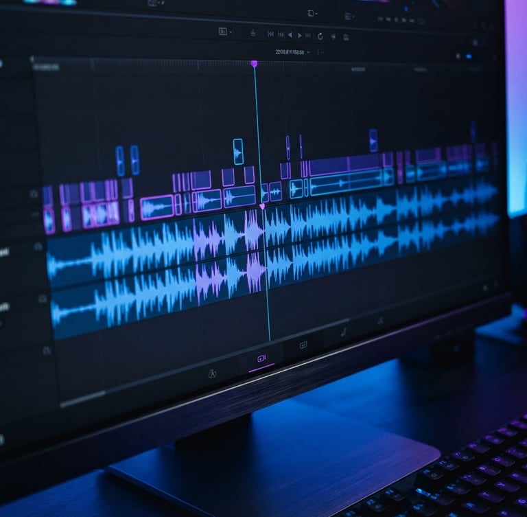 Close-up of a modern video editing interface on a dark monitor, showing audio waveforms and timeline, with electric blue and neon purple rim lighting, high contrast, macro lens, 35mm, cinematic.