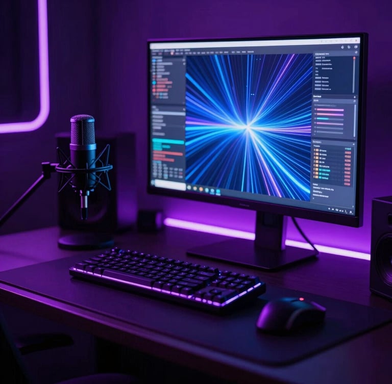 A sleek, dark studio desk with a high-end microphone and glowing monitor displaying abstract data flows, dramatic purple and blue neon rim lights, low-key, high-contrast, 35mm.