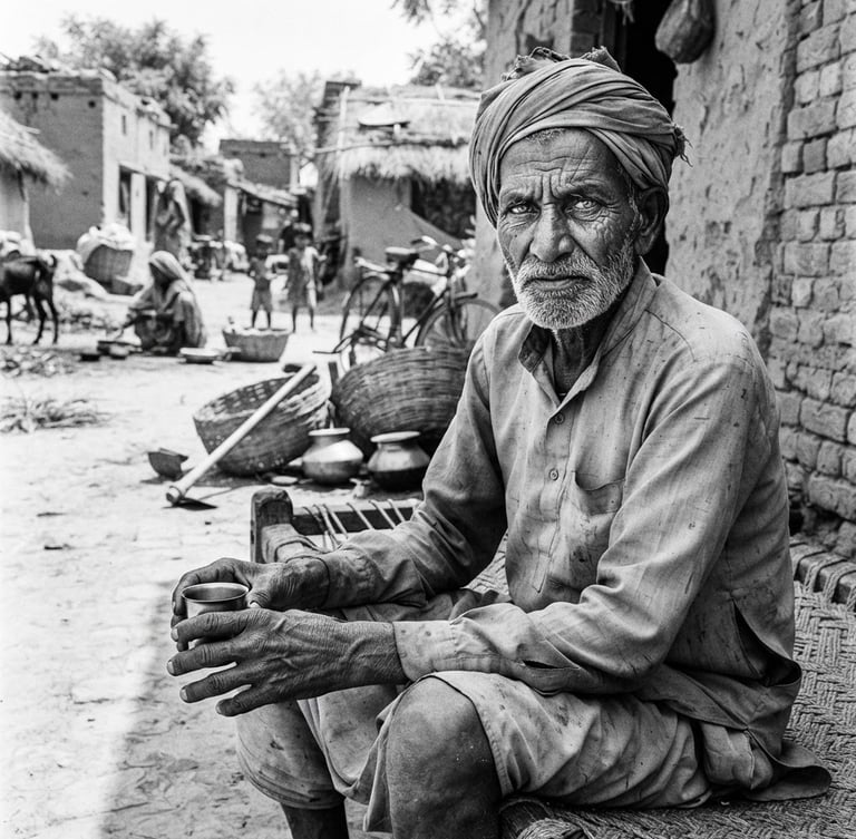High-contrast black and white documentary photojournalism portrait of an elderly farmer in a rural Uttar Pradesh village, natural harsh midday sun, 35mm