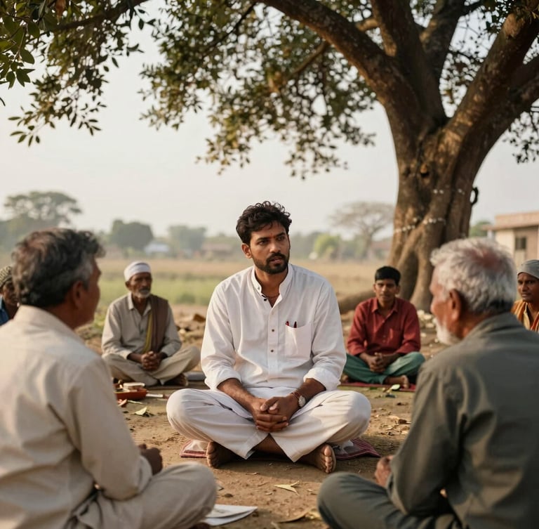Candid documentary photo of a local Indian journalist talking with villagers under a banyan tree, warm dusty golden hour light, Uttar Pradesh, 35mm
