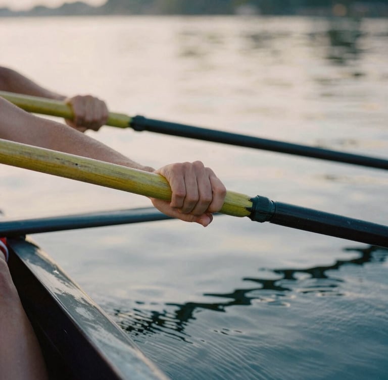 A close-up shot of hands gripping wooden oars in perfect synchronization, soft morning daylight reflecting off calm water, warm editorial photography, muted navy and golden tones, shallow depth of field, 35mm film.