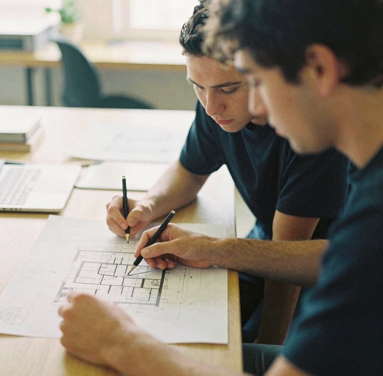 Candid close-up of a mentor and a young adult reviewing architectural plans at a community workspace, warm morning light, 35mm film style.