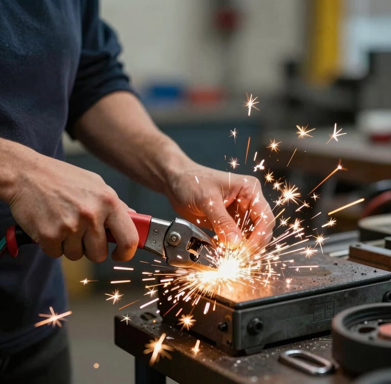 Primer plano de manos de una mujer soldadora trabajando con chispas brillantes, luz natural de taller, enfoque en la acción y las herramientas de trabajo