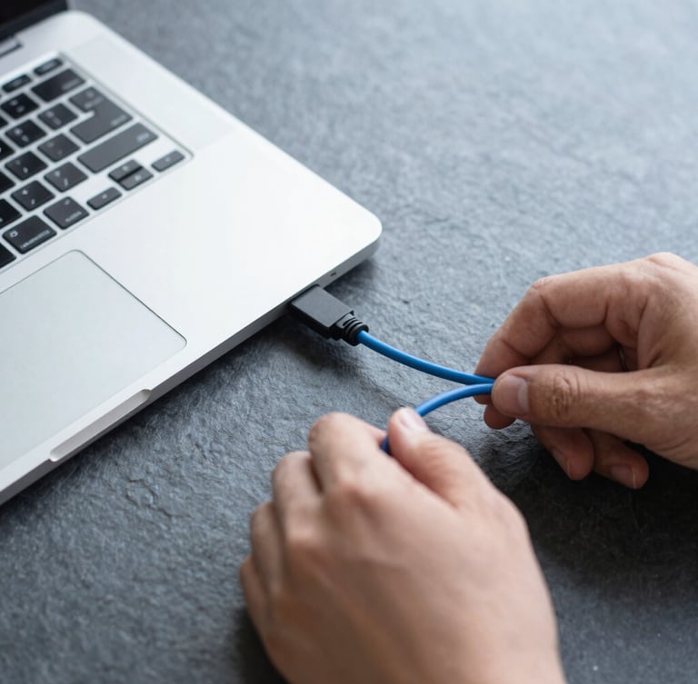 Overhead shot of a clean technical workspace with hands carefully connecting a blue cable to a disassembled laptop, cool daylight, slate background.