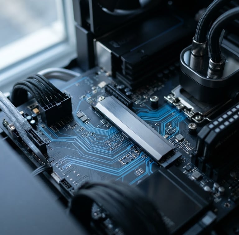Macro close-up of clean computer internals with blue motherboard traces, crisp daylight, shallow depth of field, metallic slate tones.