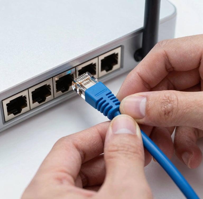 Close-up of hands carefully plugging a blue ethernet cable into a metallic router port, cool daylight, sharp focus.