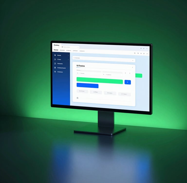 Sleek 3D render of a minimalist digital workspace, neon green and electric blue ambient lighting, clean screen mockup showing workflow diagrams, octane render, sharp focus
