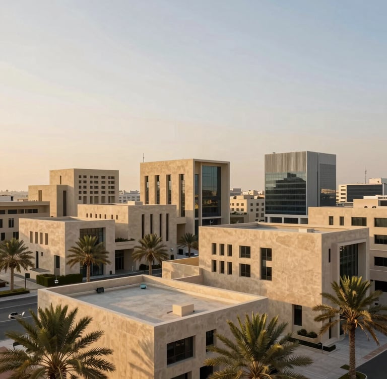 Wide-angle architectural shot of a modern Saudi urban development during golden hour, sand-colored concrete structures with clean lines, minimalist palm tree landscaping, soft warm sunlight, high-end editorial travel photography style.