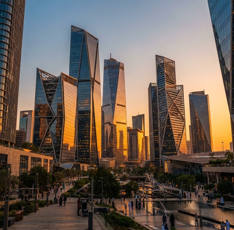 Wide-angle portrait of King Abdullah Financial District in Riyadh during golden hour, towering modern glass skyscrapers reflecting warm orange sunlight, clean architectural lines, premium editorial style.