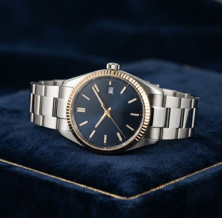 Clean commercial photography, bright high-key studio lighting, a high-value physical prize like a sleek metallic watch resting on a dark navy surface with gold accents, sharp focus, 35mm