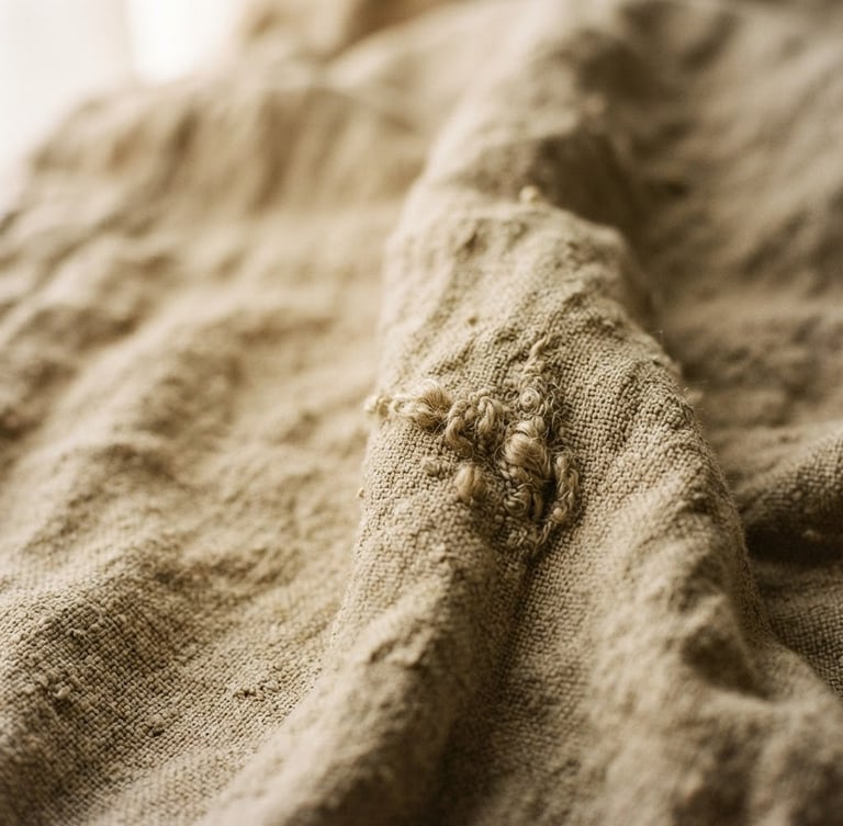 Tight macro shot of heavy-weight rumpled Belgian flax linen fabric, natural slubs, warm afternoon window light, earthy textured tones, shallow depth of field, 35mm film
