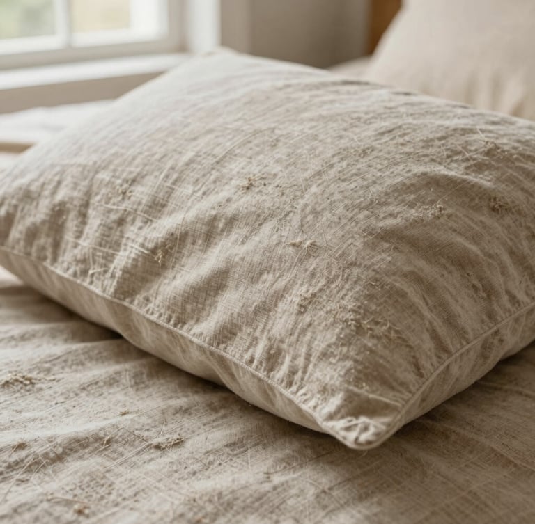 Tight macro shot of rumpled Belgian flax linen pillow cover showing natural slubs and heavy-weight weave texture, soft afternoon window light, earthy tones