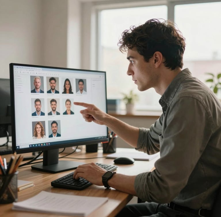 Warm natural light in a modern workspace, a founder and a headhunter reviewing candidate profiles on a screen, collaborative and highly focused atmosphere, environmental medium shot.