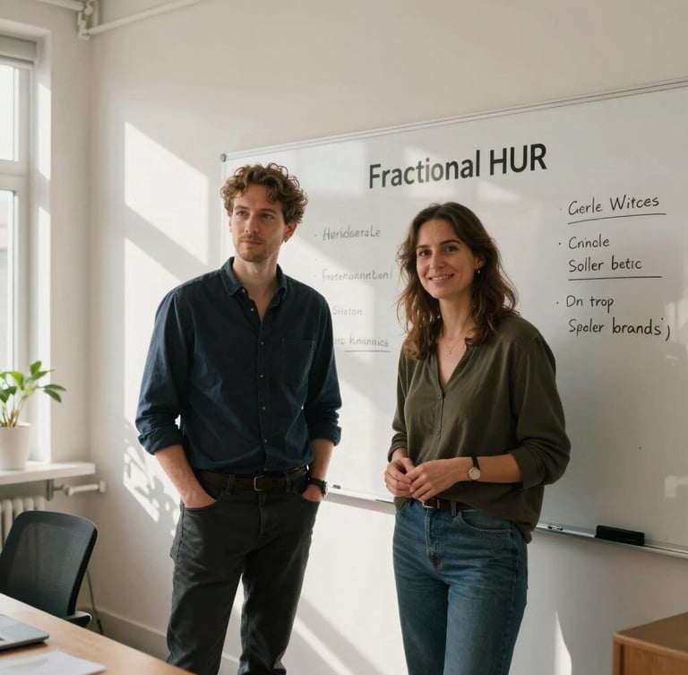 A warm, natural light environmental portrait of a startup founder and a fractional HR lead collaborating at a clean white board in a sunlit Scandinavian office space, medium shot.
