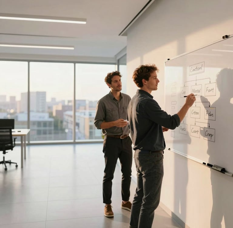 Wide panoramic bright modern office at golden hour, a founder and a fractional HR lead whiteboarding an org chart to the right third, expansive white space on the left, warm natural diffused daylight, candid high-focus moment.