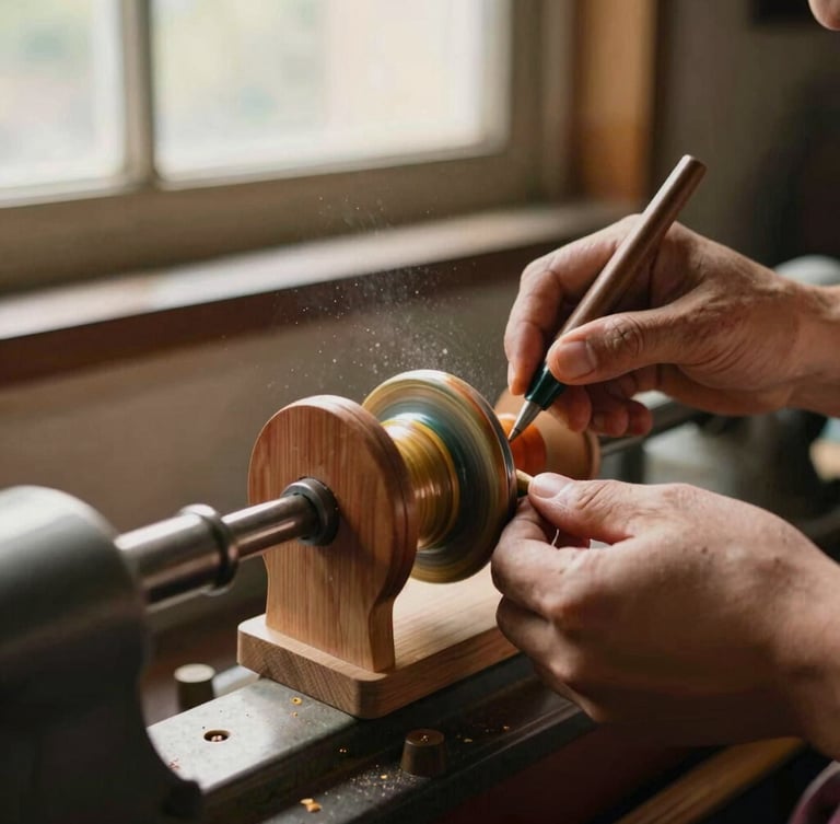 Close-up of an artisan's hands applying colored lacquer to a spinning wooden toy on a lathe, warm window light, fine wood dust in the air.