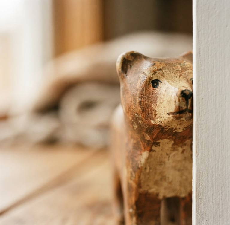 A tight macro shot of a hand-painted wooden toy kissing the right canvas edge, natural window light showing rich wood grain and lacquer imperfections, warm earthy tones.