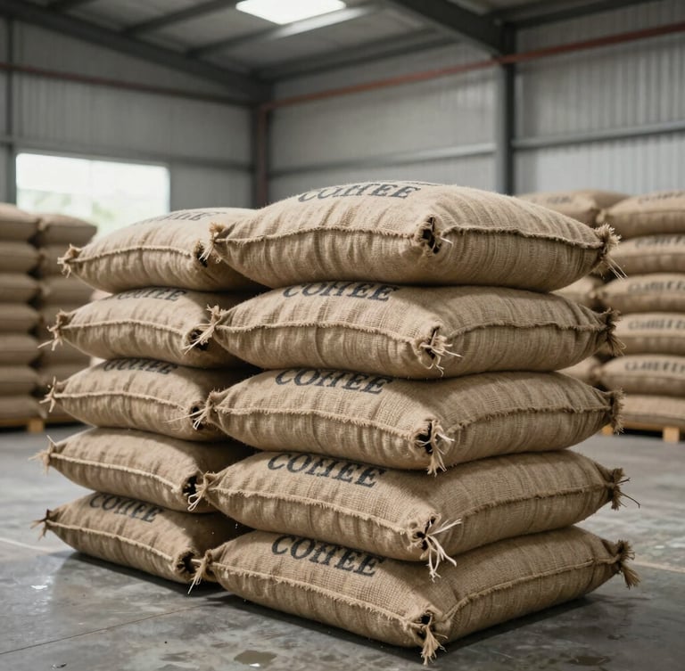 Stacked stenciled burlap coffee export sacks in a clean, modern, moisture-controlled warehouse in Indonesia, natural side lighting.
