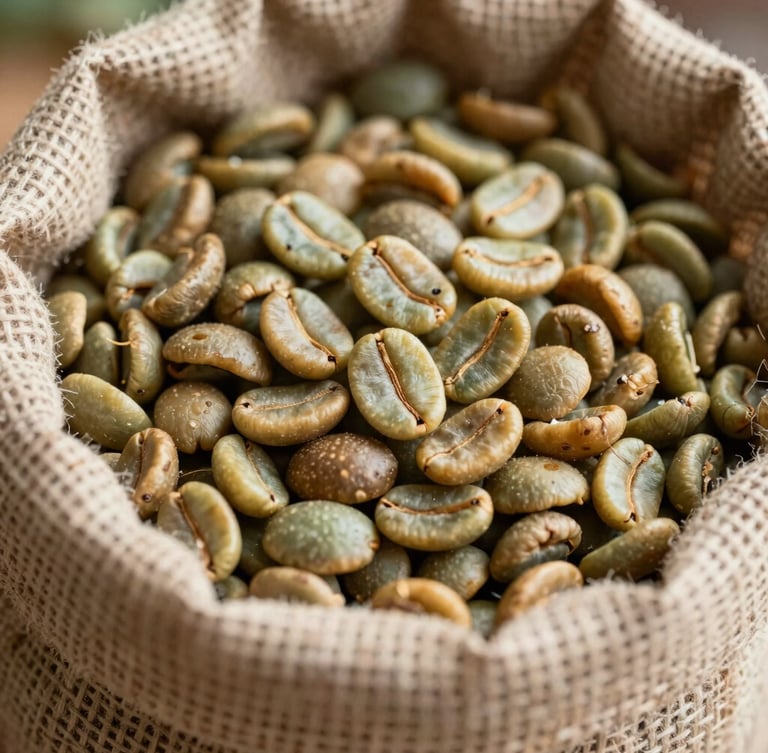 Macro close-up of raw green coffee beans in a stenciled jute export sack, natural high-contrast daylight showing texture and grading markings.