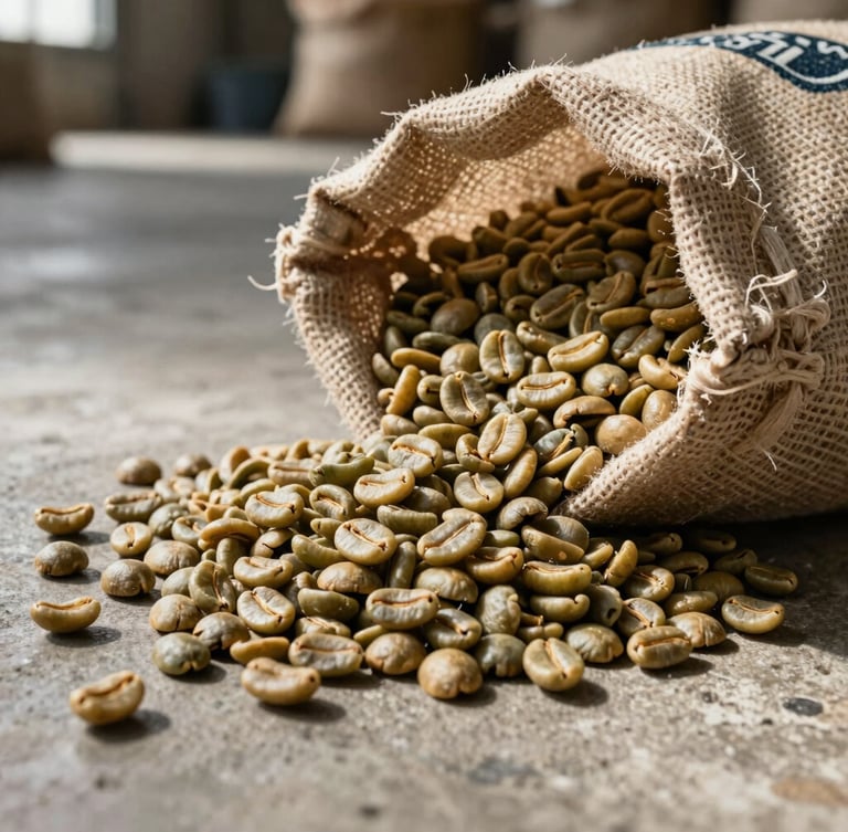 Macro shot of raw, unroasted green coffee beans spilling from a stenciled jute export sack on a concrete warehouse floor, high-contrast morning daylight, industrial agrarian style.