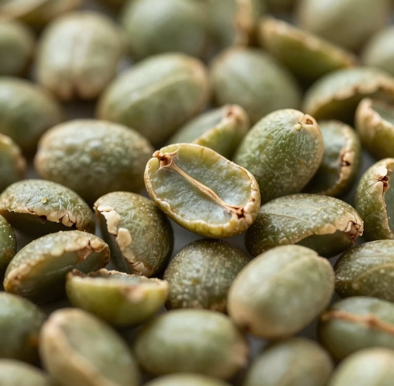 Macro close-up of raw, unroasted green Liberica coffee beans showing their characteristic asymmetrical teardrop shape and pale green hue, natural overcast daylight.