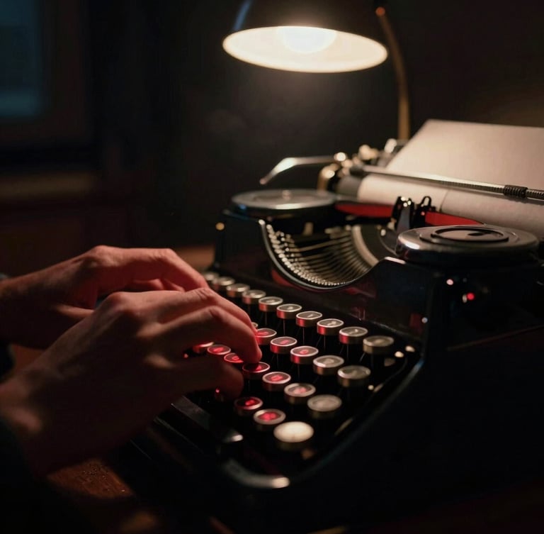 Extreme close-up of hands typing on a vintage typewriter in a dark room, illuminated by a single warm desk lamp, subtle red light accentuating the metal keys, cinematic 35mm.