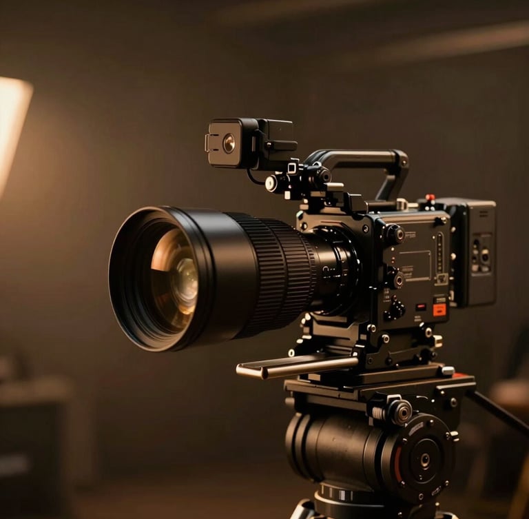 Cinematic wide shot of an anamorphic camera lens on a heavy rig, moody amber backlighting, shallow depth of field, dark obsidian studio background