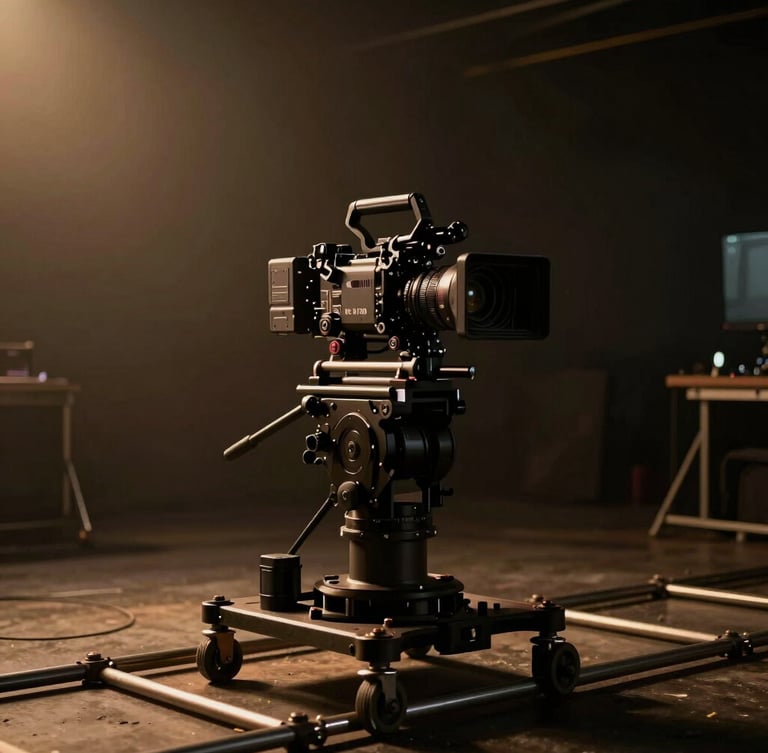Cinematic wide shot of a high-end RED camera rig on a dolly track inside a dark studio, dramatic low-key backlighting with warm amber highlights, shallow depth of field