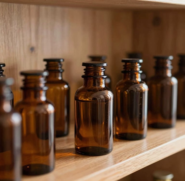Close-up macro shot of amber glass apothecary jars on a warm wooden shelf, soft natural side-light with gentle shadows, elegant clinical aesthetic.