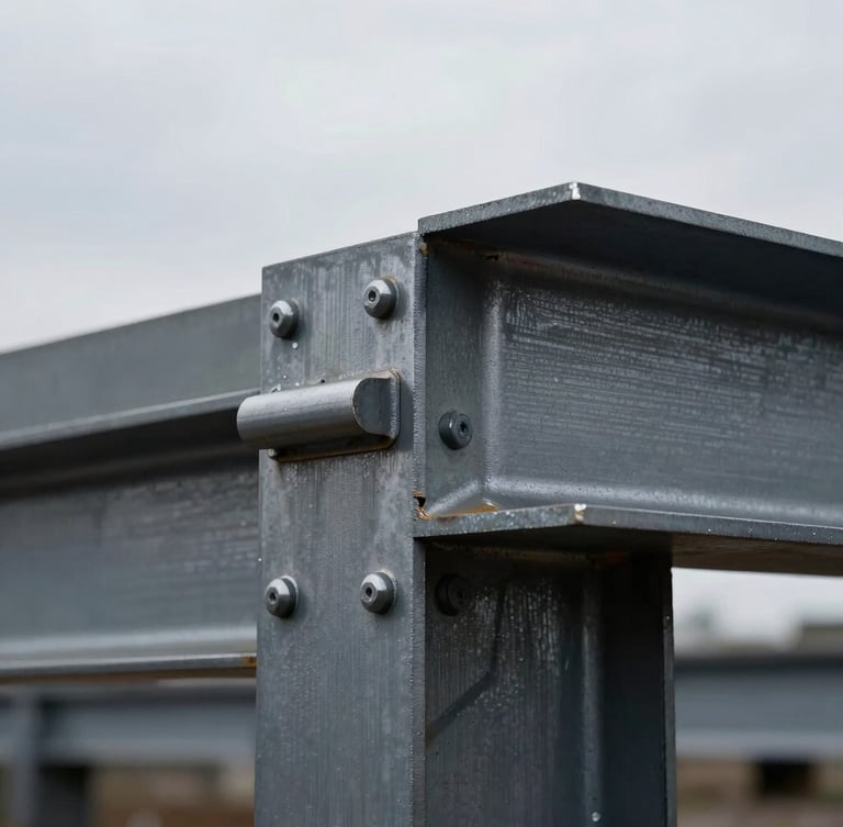 Dramatic close-up of structural steel joins, raw brushed iron plates bolted together, overcast cold daylight highlighting the heavy industrial texture, architectural crop