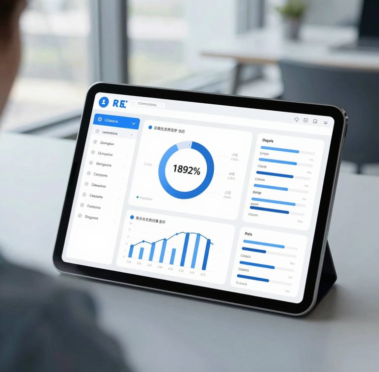 Over-the-shoulder view of a tablet displaying clean data dashboards, modern office setting with bright natural window light, cool blue and slate tones, sharp focus.