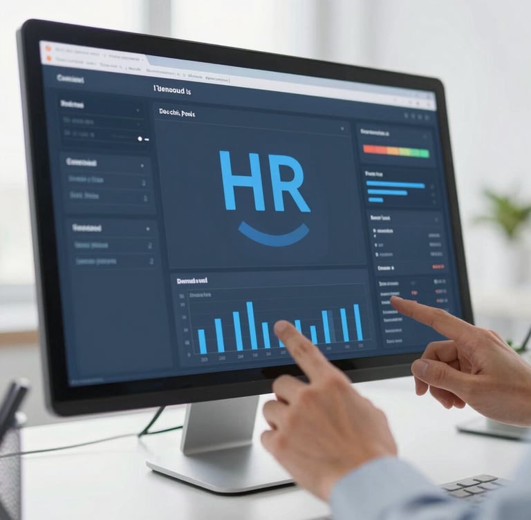 Close-up of hands navigating a clean digital interface on a sleek monitor, displaying interactive HR metrics, bright natural office lighting, cool blue and slate tones.