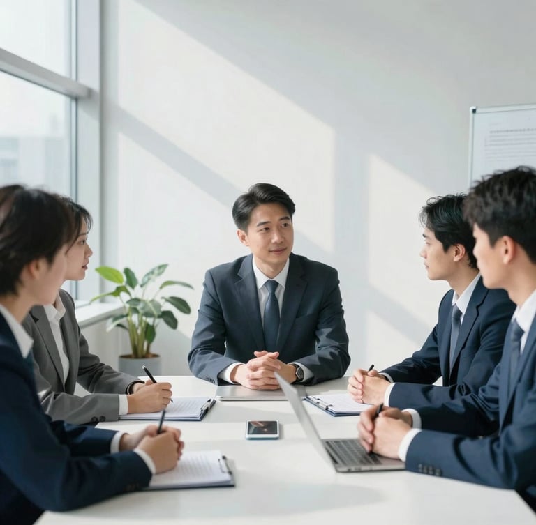A collaborative executive meeting in a natural, unposed setting, bright natural office light with clean window shadows, 35mm lens.