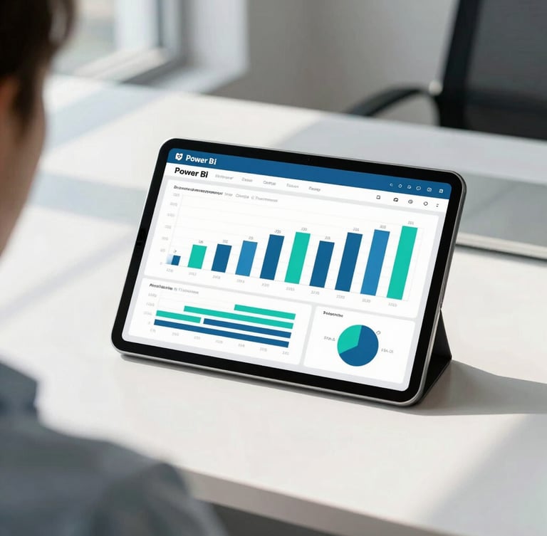 Over-the-shoulder shot of a clean corporate office desk, a tablet displaying a vibrant Power BI dashboard with teal and slate blue bar charts, natural window light casting soft shadows.