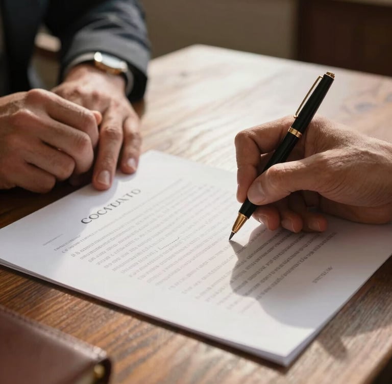 Primer plano de manos firmando un contrato notarial sobre un escritorio de madera noble, luz natural de tarde iluminando el papel y un bolígrafo clásico.