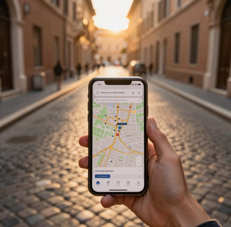 First-person perspective looking down at a smartphone displaying a digital map app, historic Roman cobblestone street and golden-hour sunlight in the background, warm editorial travel photography, 35mm lens.