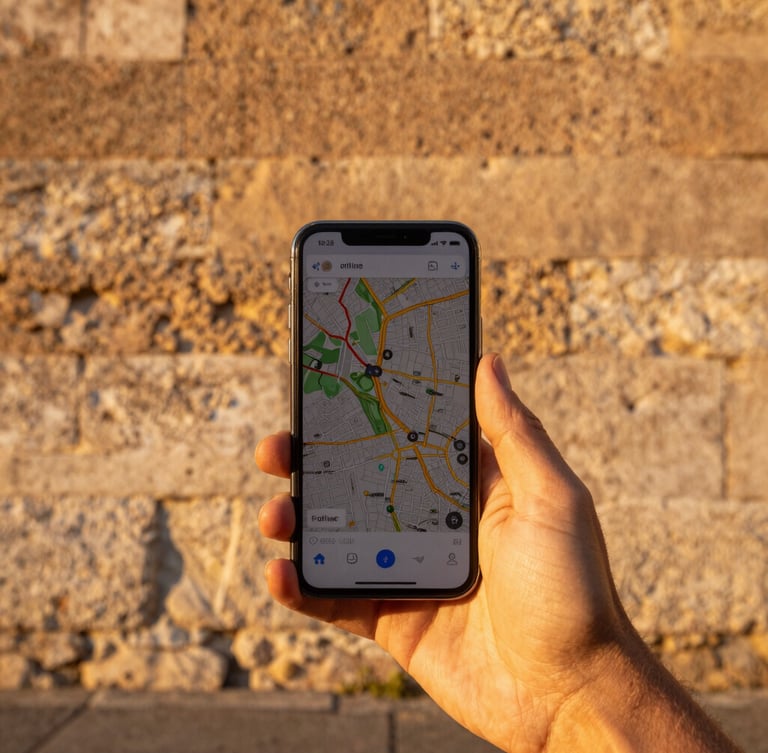First-person perspective of a hand holding a smartphone displaying offline maps against a historic Roman stone wall, golden daylight.