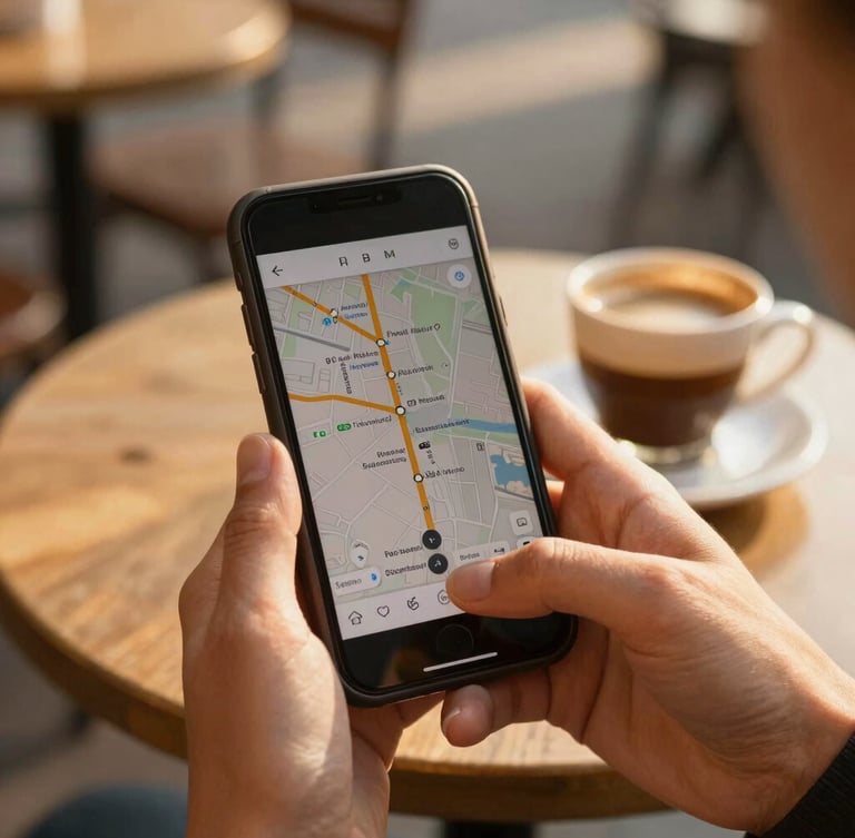 Close-up of hands holding a smartphone displaying transit lines, an outdoor cafe table with a warm espresso cup in the background, golden-hour daylight, soft focus
