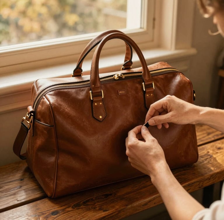 Hands packing a sleek leather weekend bag on a wooden bench, warm golden-hour sunlight streaming through a window, 35mm lens.