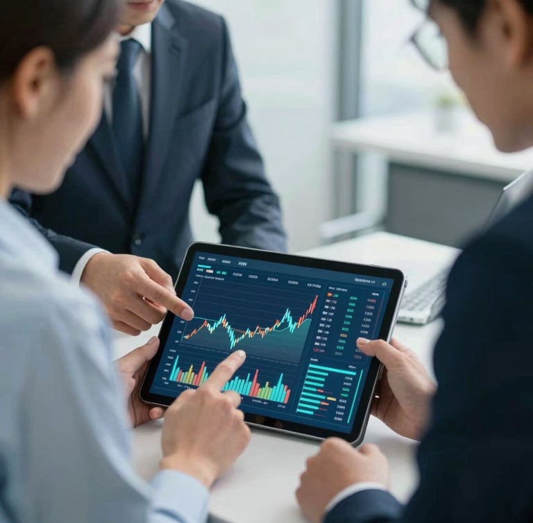 Medium close-up of two financial consultants in modern business attire analyzing real-time cash flow graphs on a tablet screen, natural cool office lighting.