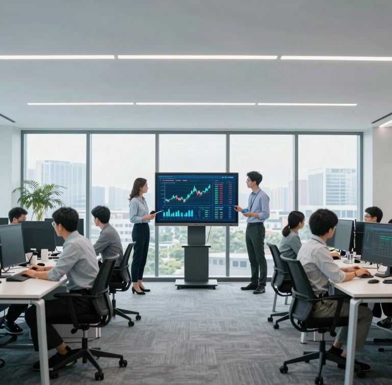 Wide-angle modern office interior with professional team collaborating around a screen showing financial metrics, natural daylight.