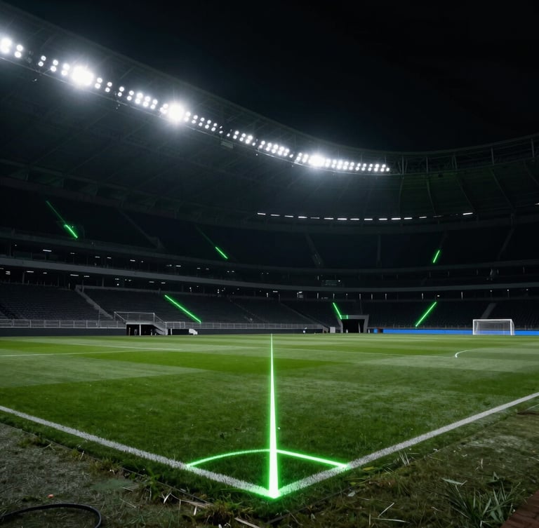 Dramatic stadium architecture under moody high-contrast floodlights, dark atmospheric background pierced by sharp neon green telemetry markings on the pitch, extreme low-angle wide shot, 35mm lens