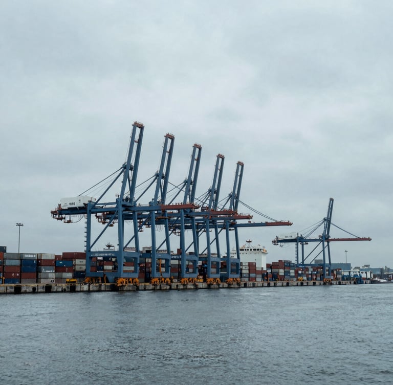 Wide-angle architectural perspective of a massive deep-water cargo port under cool overcast daylight, towering container cranes, desaturated blue and slate gray tones, 35mm.