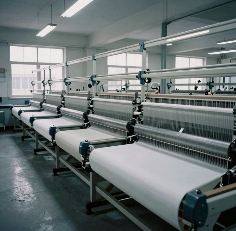 Industrial textile manufacturing facility with automated looms, cool overcast light filtering through high windows, desaturated gray tones, 35mm.
