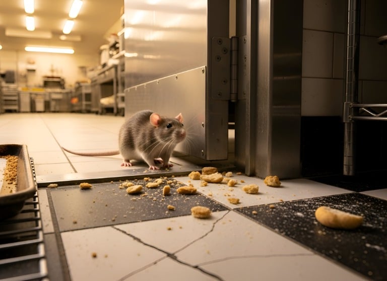 Rat in kitchen feeding on crumbs