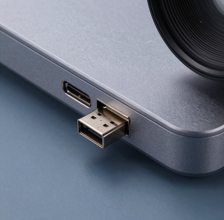 A close-up technical diagram of a high-speed USB port on the side of a modern computer, clean studio lighting, neutral slate blue background